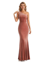 Elegant Mermaid One Shoulder Unique Velvet Long Wedding Guest Dresses