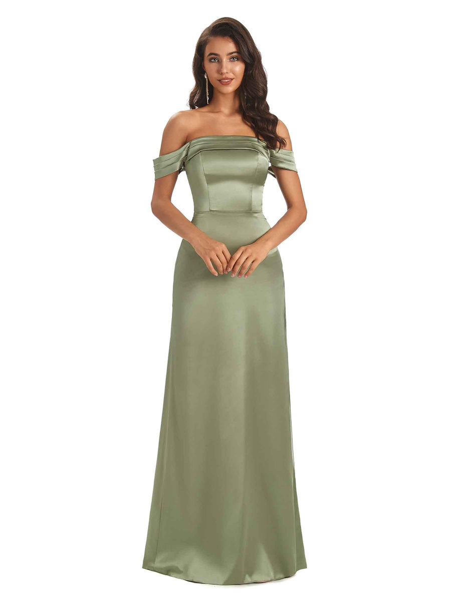 Simple Silky Satin Off The Shoulder Long Unique Nice Formal Evening Dresses