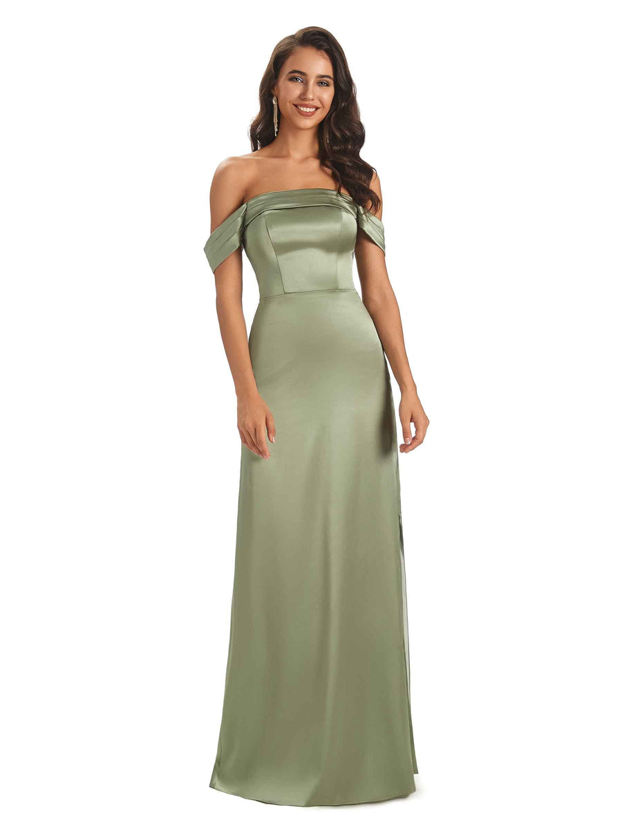 Simple Silky Satin Off The Shoulder Long Unique Nice Formal Evening Dresses