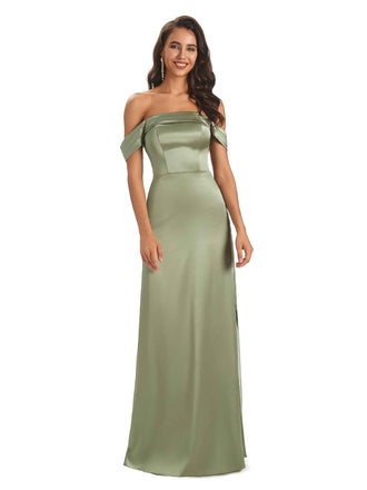 Simple Silky Satin Off The Shoulder Long Unique Nice Formal Evening Dresses In Stock