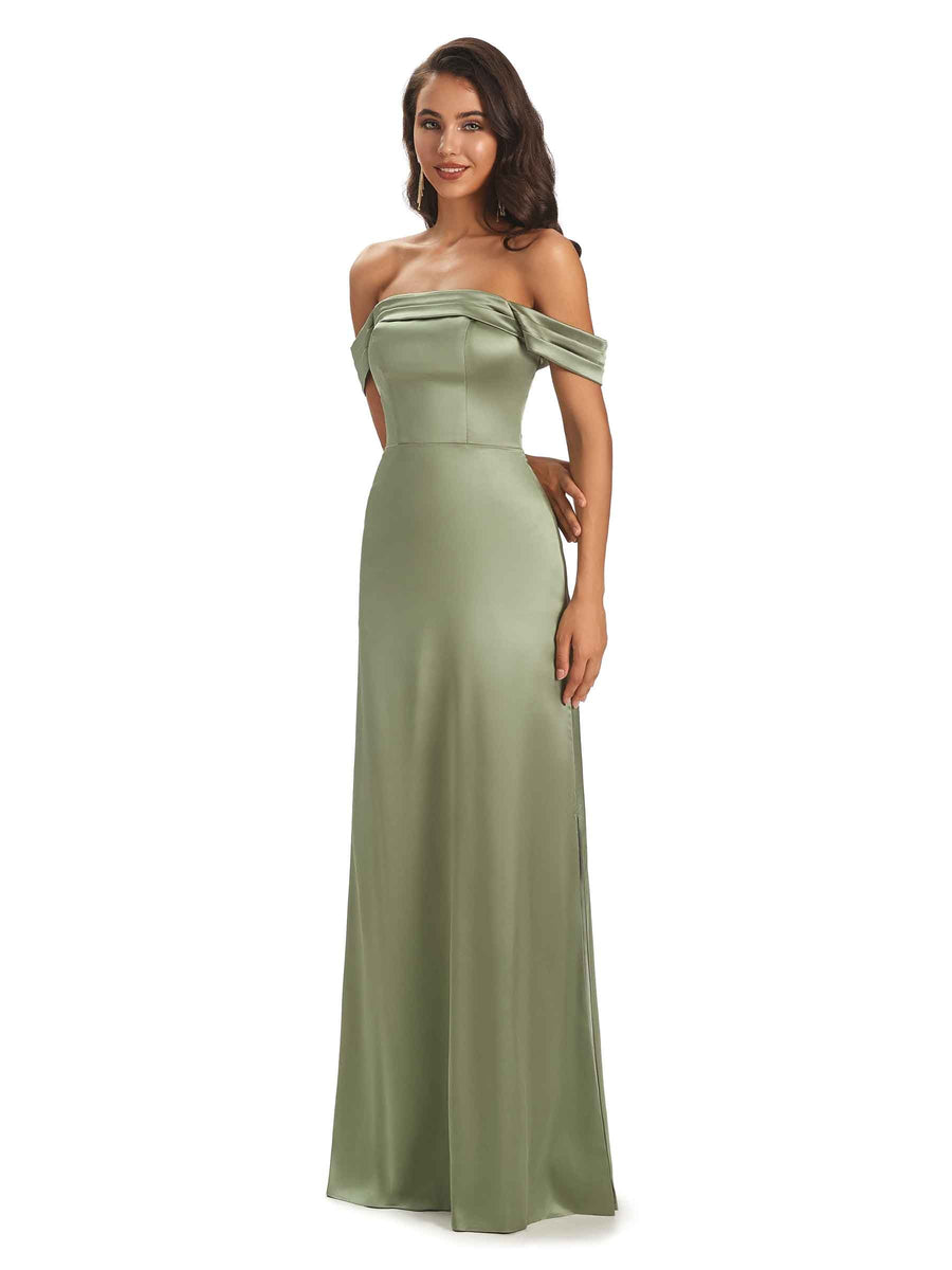 Simple Silky Satin Off The Shoulder Long Unique Nice Formal Evening Dresses