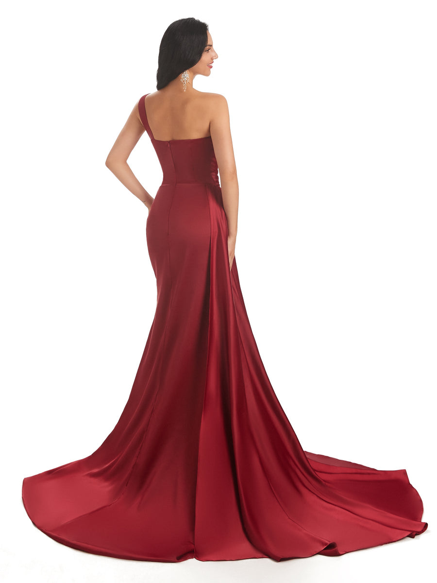 Sexy Soft Satin Side Slit One Shoulder Unique Mermaid Long Prom Dresses