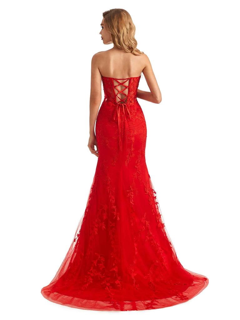 Sexy Mermaid Red Lace Beaded Sweetheart Long Formal Prom Dresses Online
