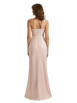 Sexy One Shoulder Silky Satin Unique Long Ladies Wedding Guest Dresses