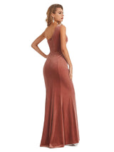 Elegant Mermaid One Shoulder Unique Velvet Long Wedding Guest Dresses