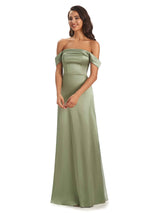 Simple Silky Satin Off The Shoulder Long Unique Nice Formal Evening Dresses
