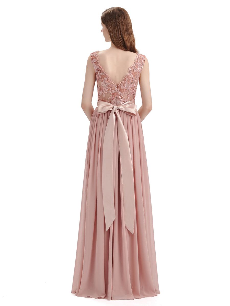 Elegant A-Line V-Neck Lace Chiffon Long Bridesmaid Dresses
