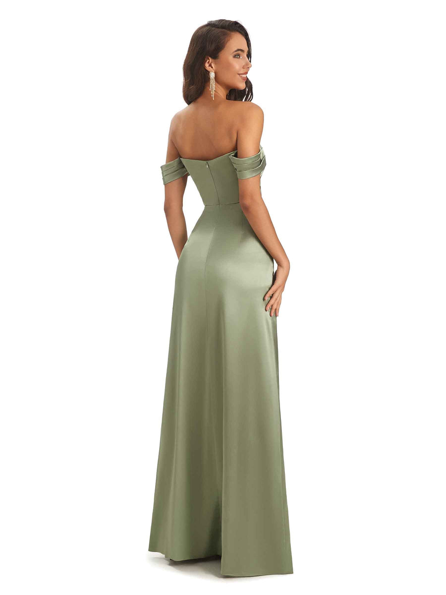 Simple Silky Satin Off The Shoulder Long Unique Nice Formal Evening Dresses