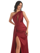 Sexy Soft Satin Side Slit One Shoulder Mermaid Long Wedding Bridesmaid Dresses