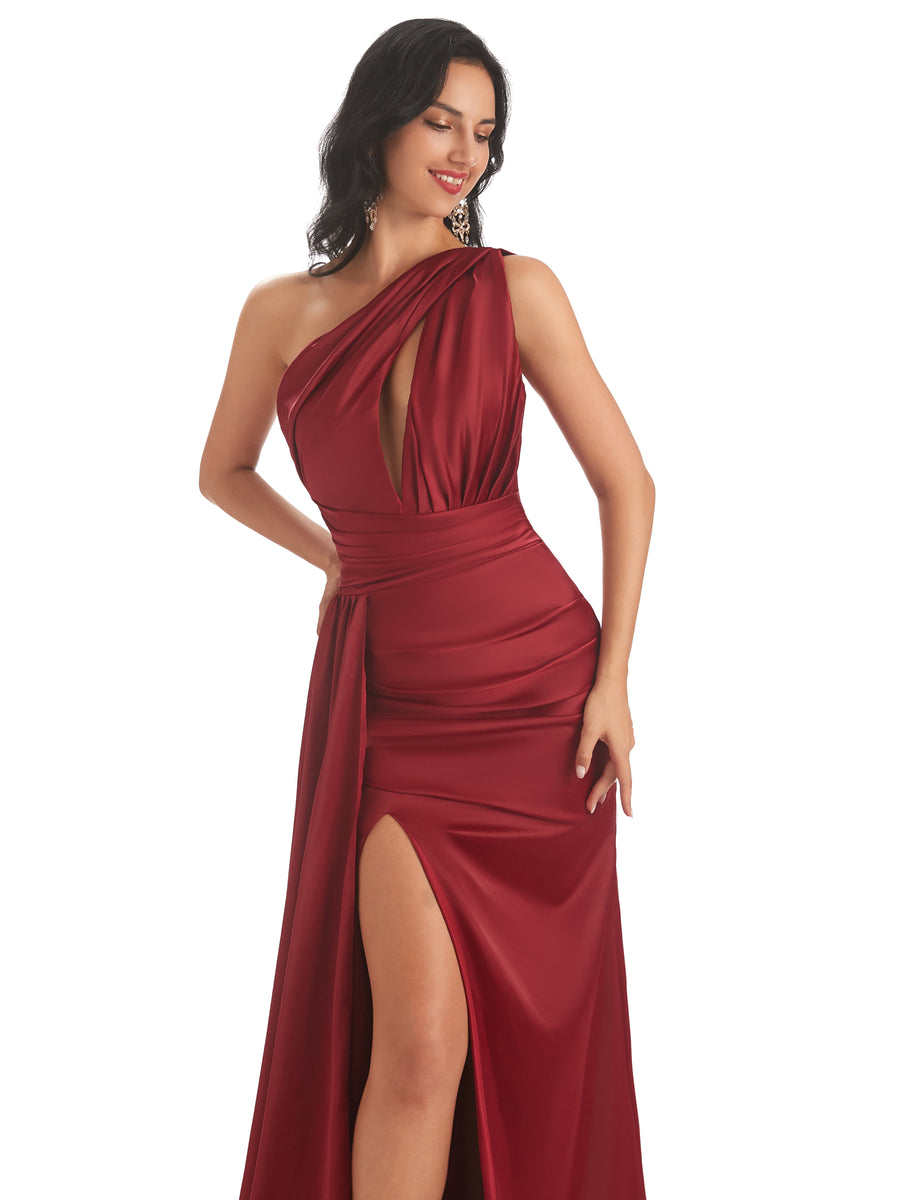 Sexy Soft Satin Side Slit One Shoulder Mermaid Long Wedding Bridesmaid Dresses