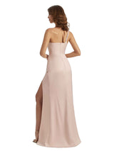 Sexy One Shoulder Silky Satin Unique Long Ladies Wedding Guest Dresses