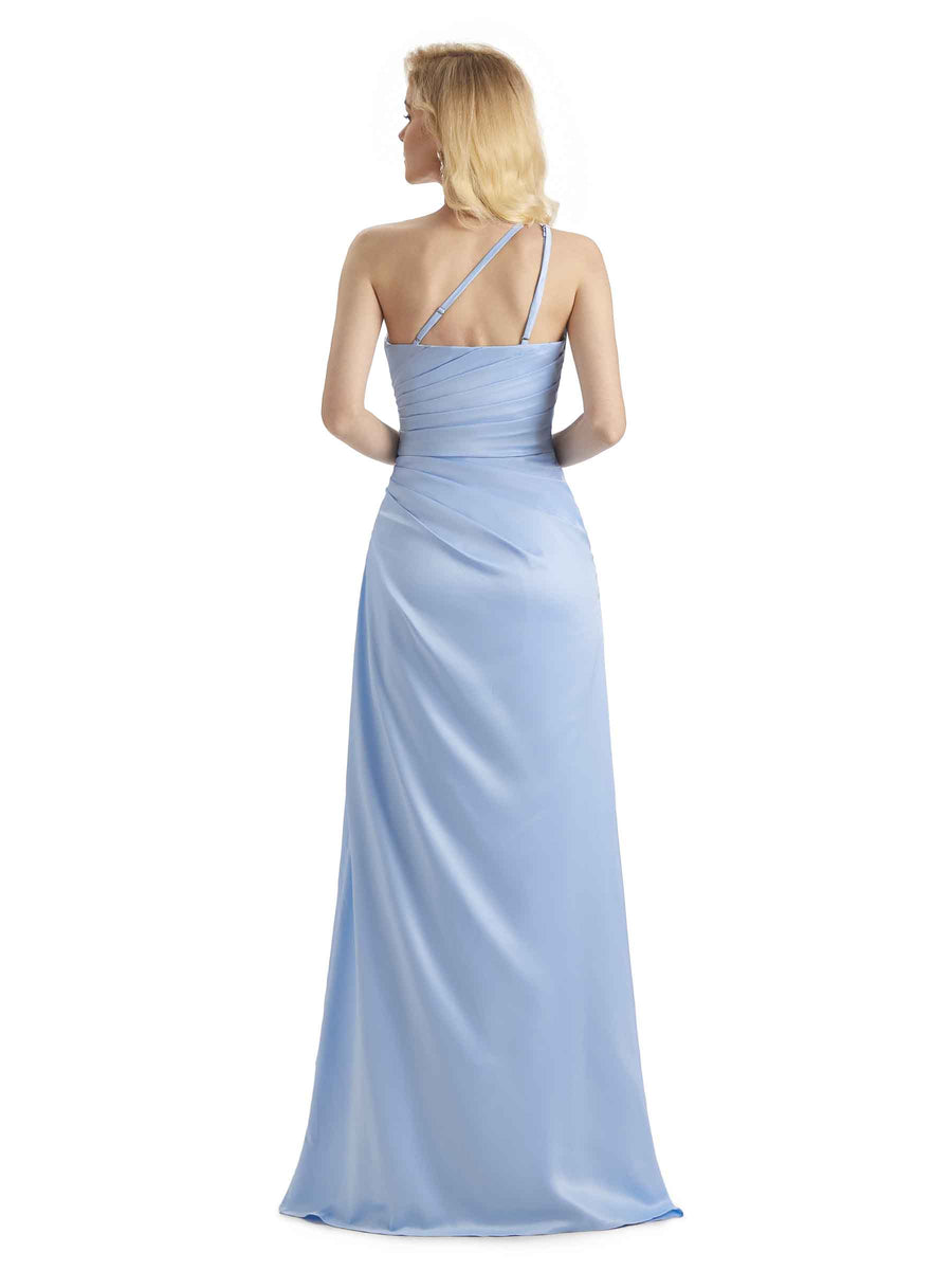 Sexy Soft Satin Side Slit One Shoulder Mermaid Long Bridesmaid Dresses Online
