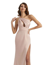 Sexy One Shoulder Silky Satin Unique Long Ladies Wedding Guest Dresses