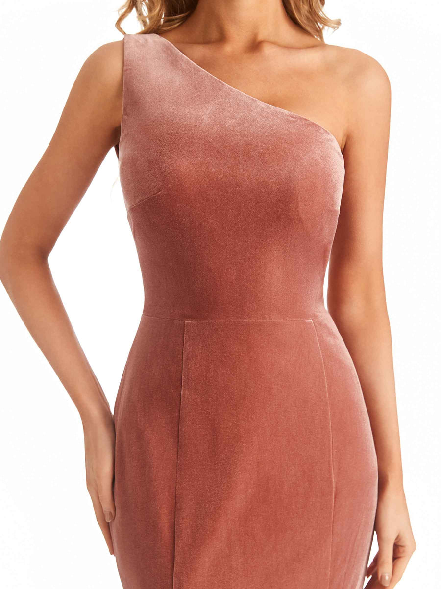 Elegant Mermaid One Shoulder Unique Velvet Long Bridesmaid Dresses