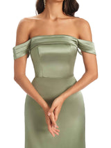 Simple Silky Satin Off The Shoulder Long Unique Nice Formal Evening Dresses