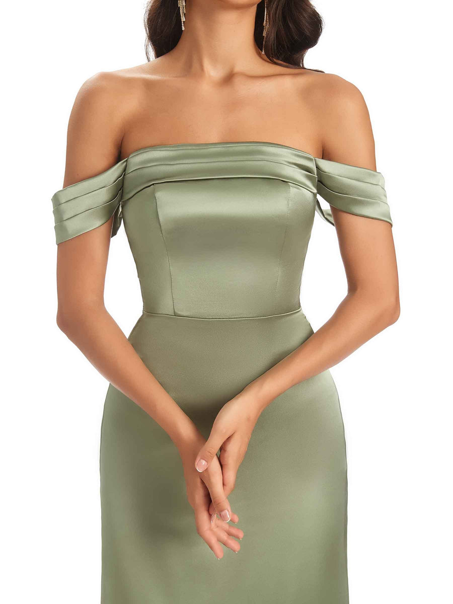 Simple Silky Satin Off The Shoulder Long Unique Nice Formal Evening Dresses