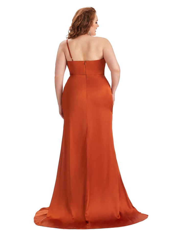 Plus Size Sexy One Shoulder Side Slit Mermaid Soft Satin Long Bridesmaid Dress For Wedding