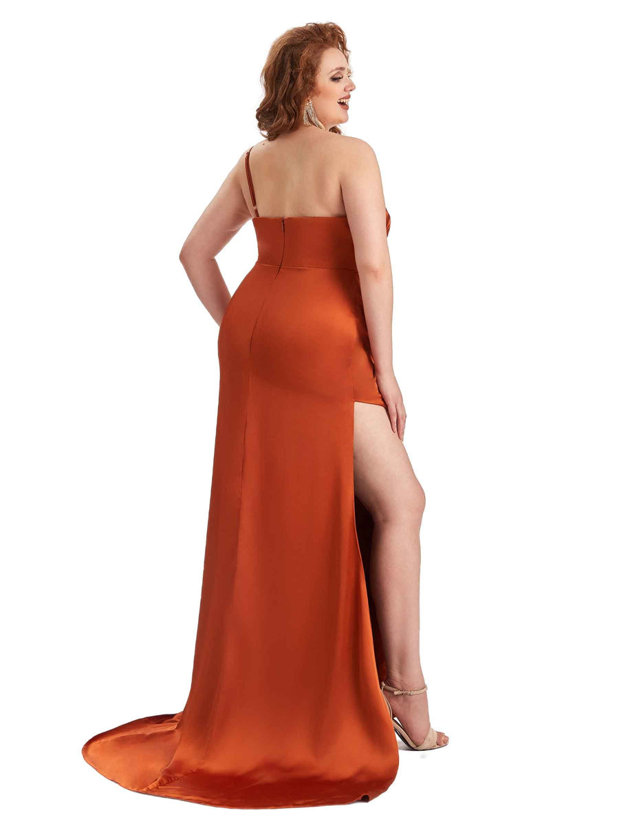 Plus Size Sexy One Shoulder Side Slit Mermaid Soft Satin Long Bridesmaid Dress For Wedding