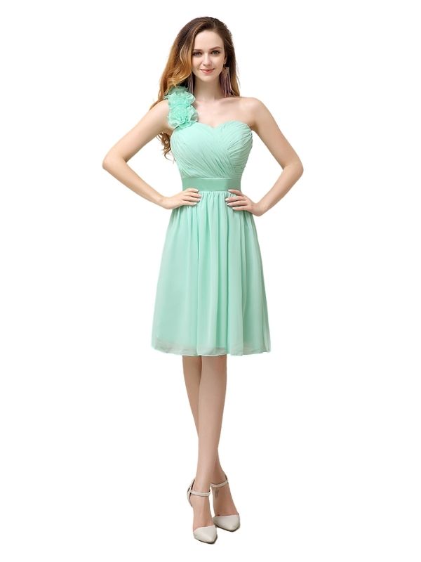 A-line Chiffon One Shoulder Knee-Length Short Bridesmaid Dresses