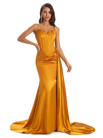 Sexy Soft Satin Side Slit Mermaid Long Spaghetti Straps Long Bridesmaid Dresses Online