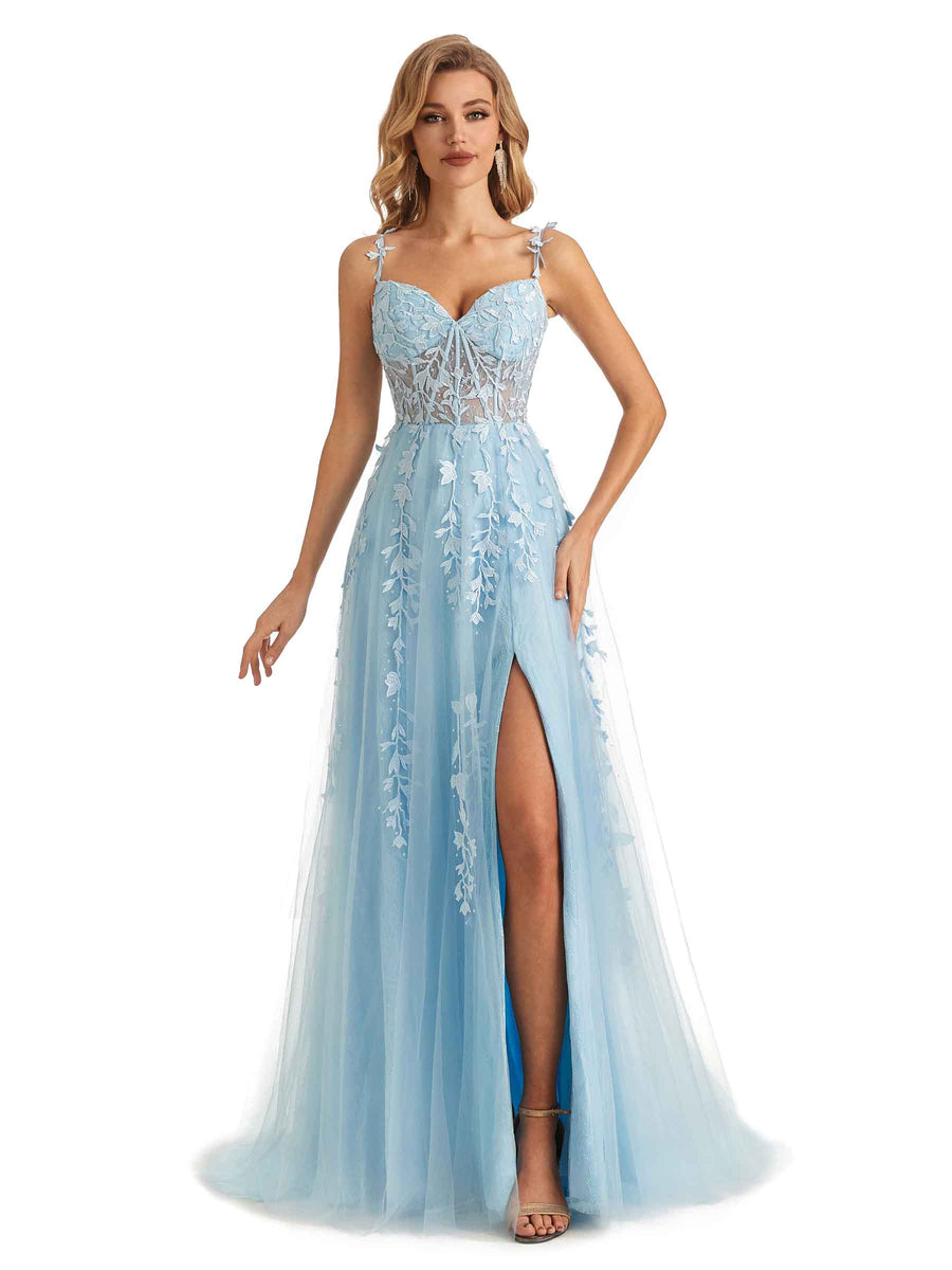 Sexy Side Slit Light Blue Lace Beaded See Through Long Party Prom Dresses