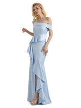 Sexy Mermaid Off The Shoulder Soft Satin Side Slit Long Formal Prom Dresses With Ruffle