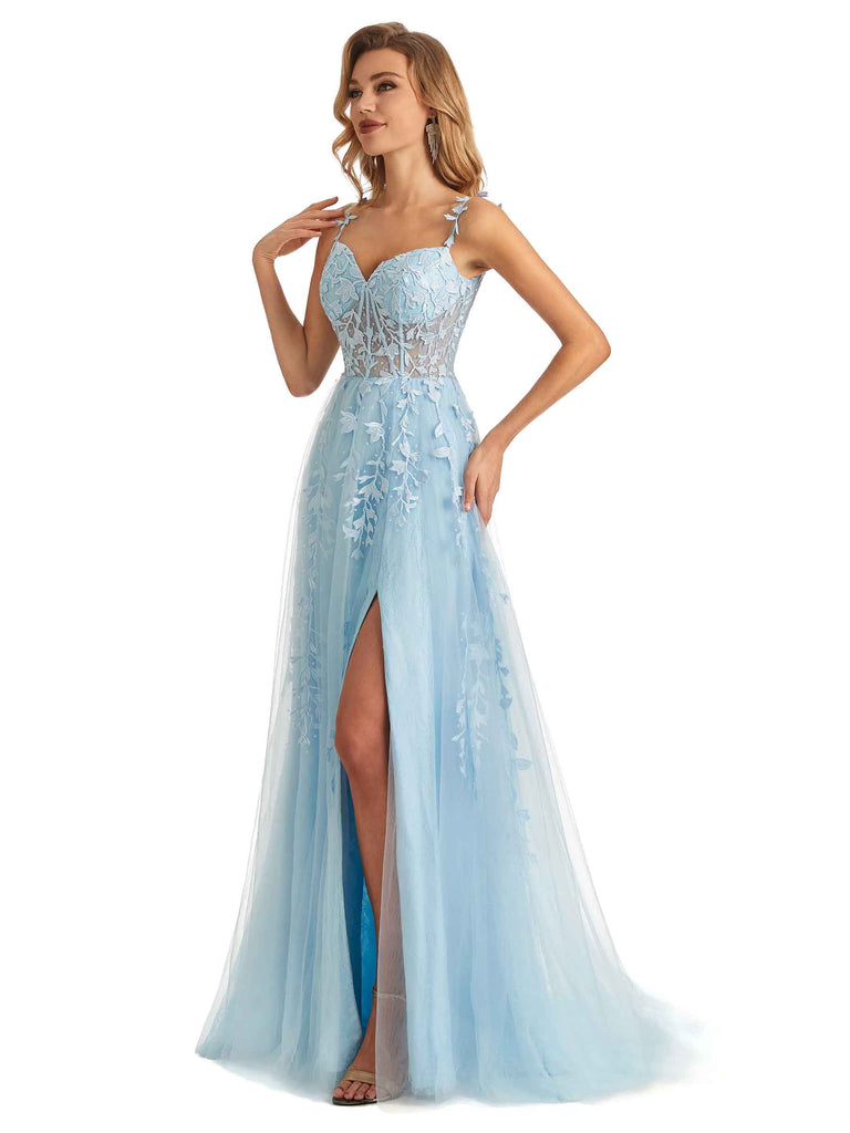 Sexy Side Slit Light Blue Lace Beaded See Through Long Party Prom Dresses - ChicSew Sexy Side Slit Light Blue Lace Beaded See Through Long Party Prom Dresses - ChicSew