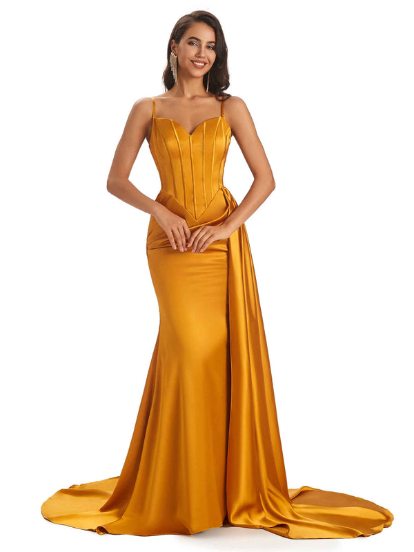 Sexy Soft Satin Side Slit Mermaid Long Spaghetti Straps Floor-Length Long Bridesmaid Dresses Online