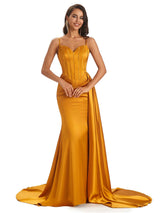 Sexy Mermaid Long Spaghetti Straps Elegant Satin Prom Dresses Online