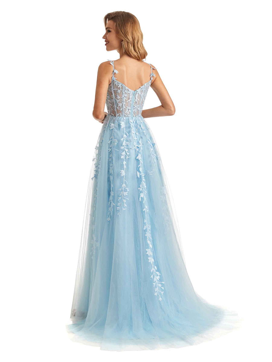 Sexy Side Slit Light Blue Lace Beaded See Through Long Party Prom Dresses