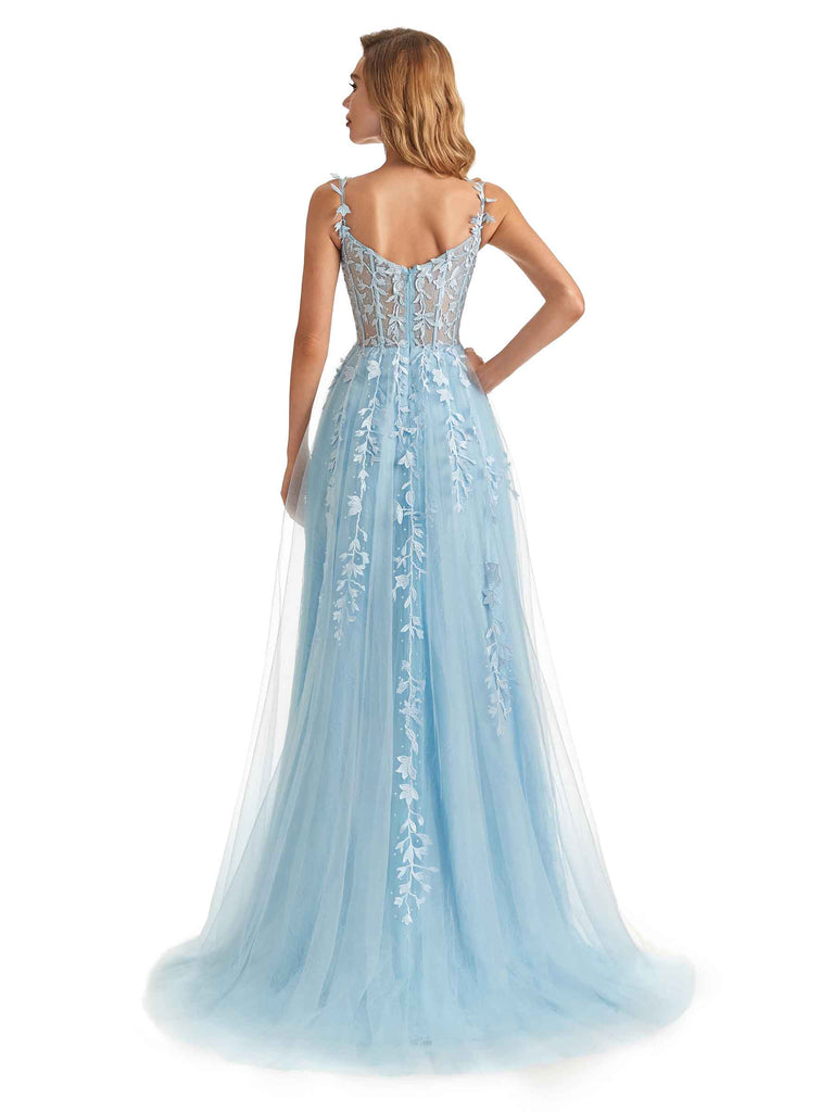 Sexy Side Slit Light Blue Lace Beaded See Through Long Party Prom Dresses