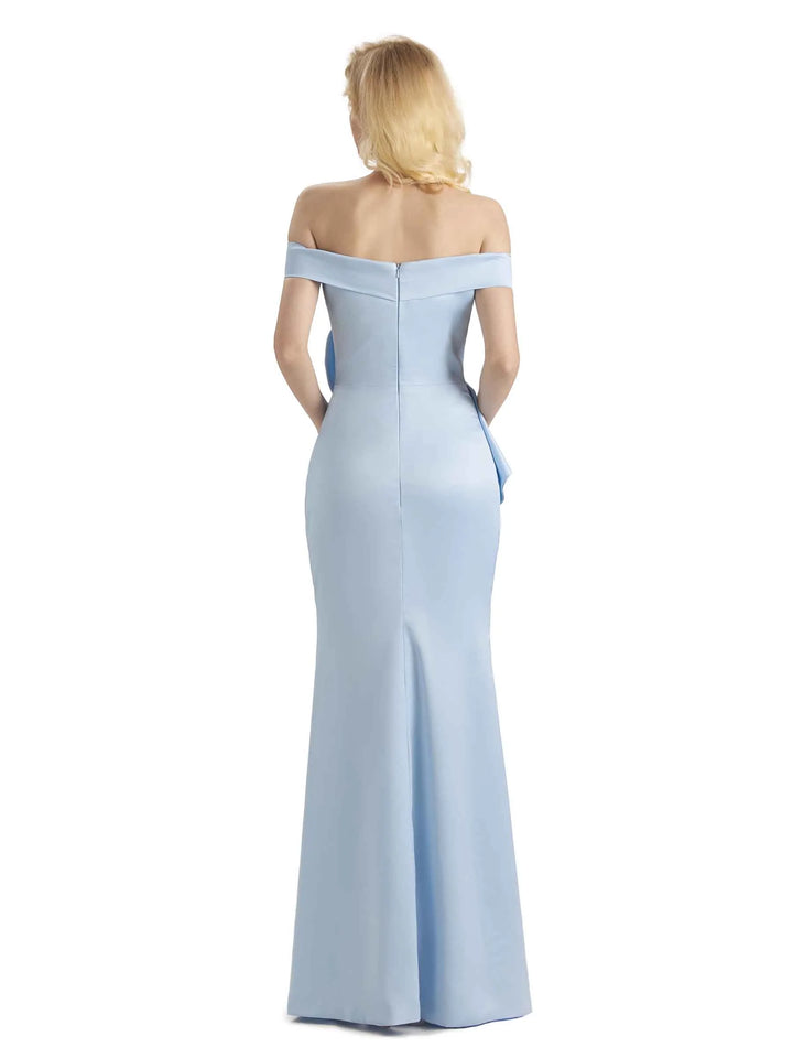 Sexy Mermaid Off The Shoulder Soft Satin Side Slit Long Formal Prom Dresses With Ruffle