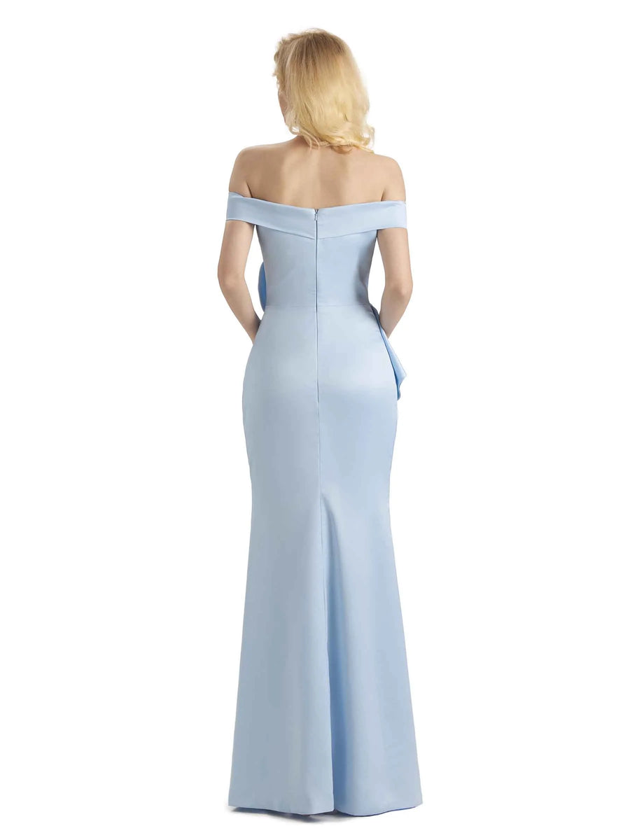 Sexy Mermaid Off The Shoulder Soft Satin Side Slit Long Formal Prom Dresses With Ruffle