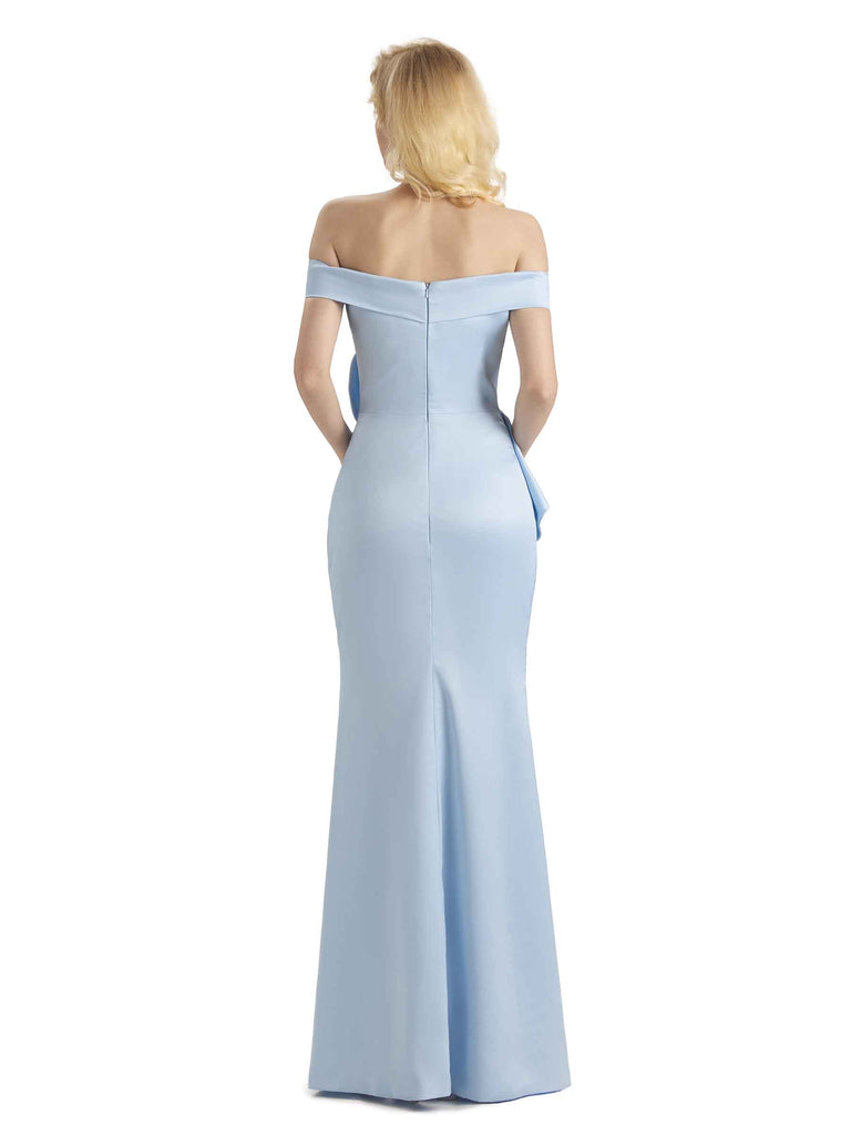 Sexy Mermaid Off The Shoulder Soft Satin Side Slit Long Bridesmaid Dresses With Ruffle