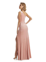 Elegant Mermaid One Shoulder Unique Velvet Side Slit Long Wedding Guest Dresses