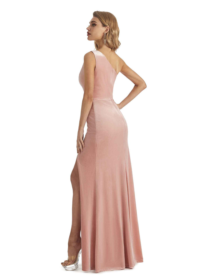Elegant Mermaid One Shoulder Unique Velvet Side Slit Long Wedding Guest Dresses