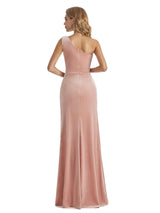 Elegant Mermaid One Shoulder Unique Velvet Side Slit Long Wedding Guest Dresses
