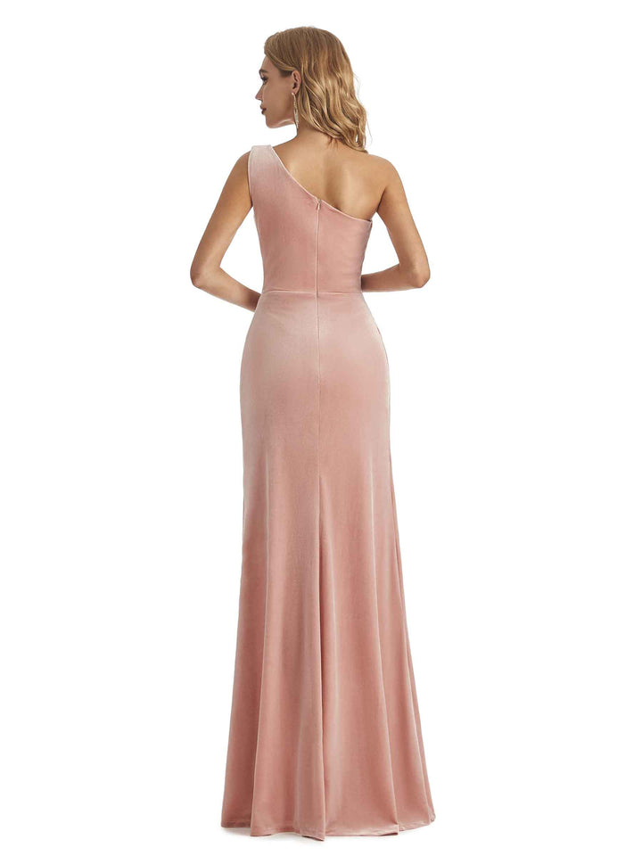 Elegant Mermaid One Shoulder Unique Velvet Side Slit Long Wedding Guest Dresses