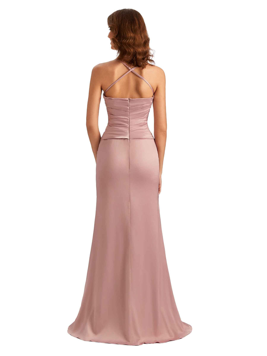 Sexy Side Slit Spaghetti Straps Mermaid Chic Long Satin Dress For Women