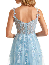 Sexy Side Slit Light Blue Lace Beaded See Through Long Party Prom Dresses