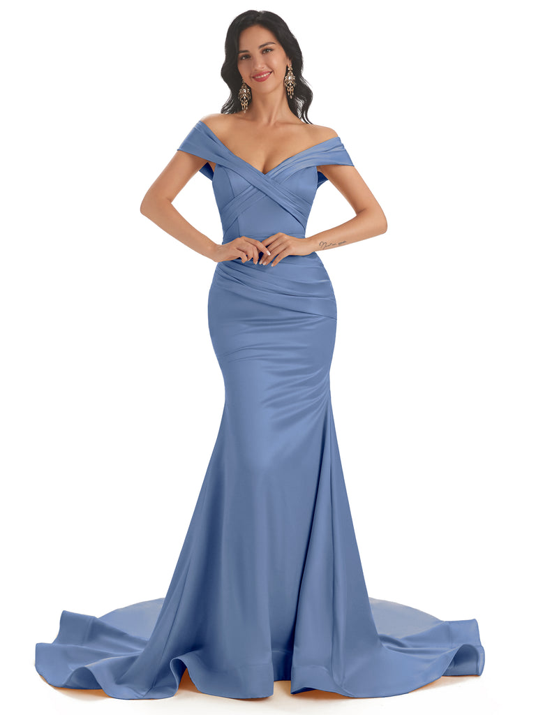 Off Shoulder Royal Blue Satin Long Mermaid Bridesmaid Dresses , BN1090 –  MarryLover