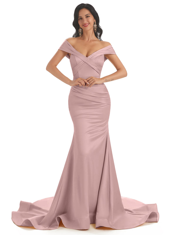 Charming Off-shoulder Soft Satin Mermaid Long Bridesmaid Dresses