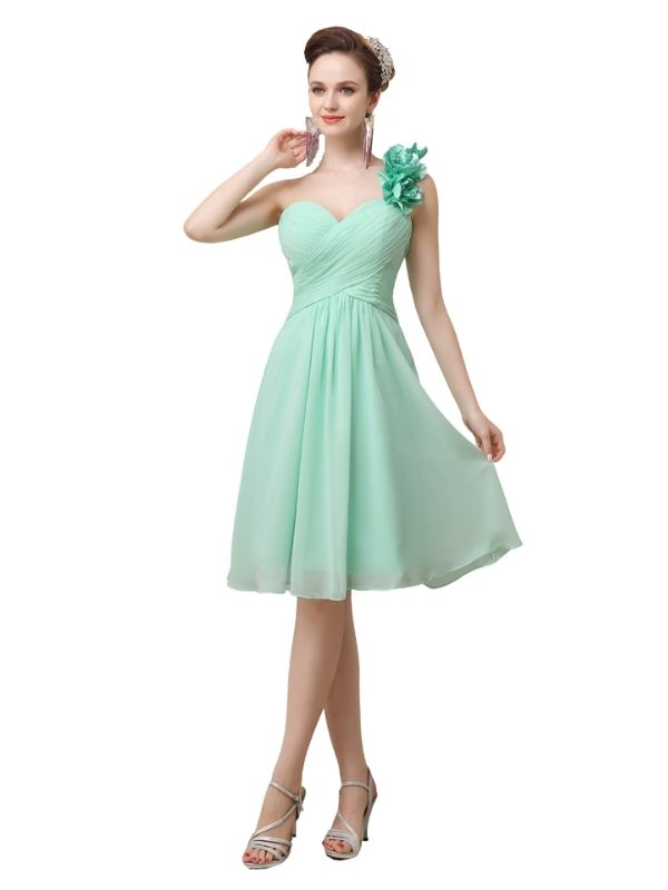 Cute A-line Chiffon One Shoulder Knee-Length Short Bridesmaid Dresses Under 100