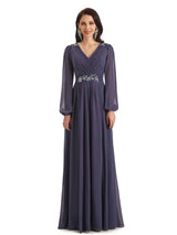Modern Chiffon Long Sleeves V-neck Long Mother of The Bride Dresses