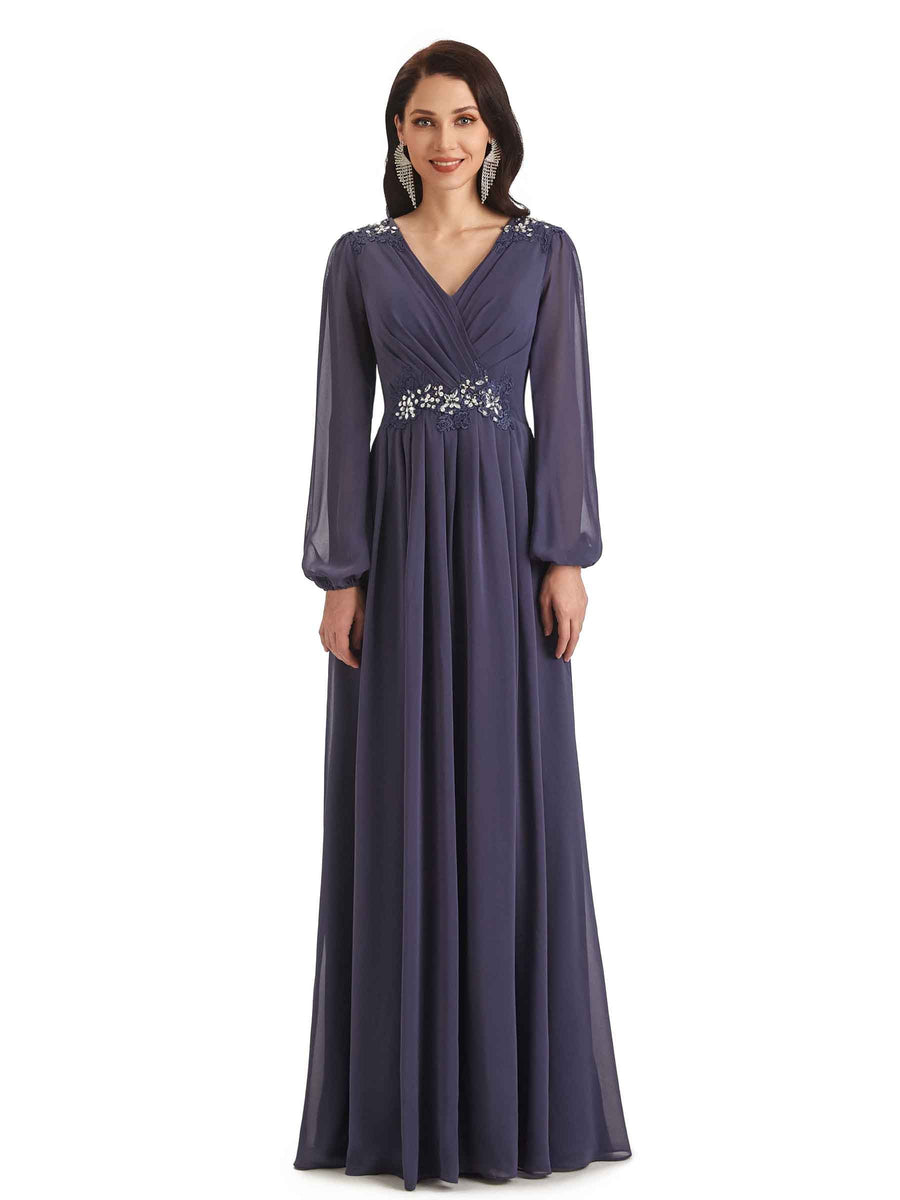 Modern Chiffon Long Sleeves V-neck Long Mother of The Bride Dresses