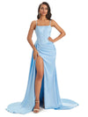 Modern Spaghetti Straps Long Mermaid Satin Maxi Party Prom Dresses With Slit Sale