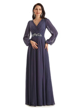 Modern Chiffon Long Sleeves V-neck Long Mother of The Bride Dresses