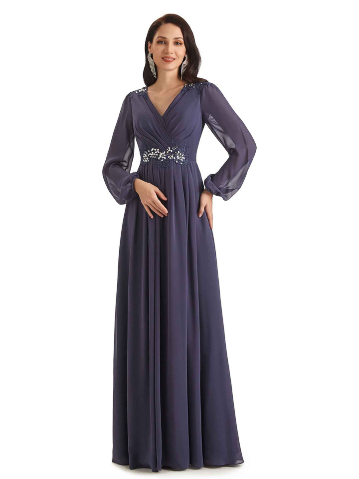 Modern Chiffon Long Sleeves V-neck Long Mother of The Bride Dresses