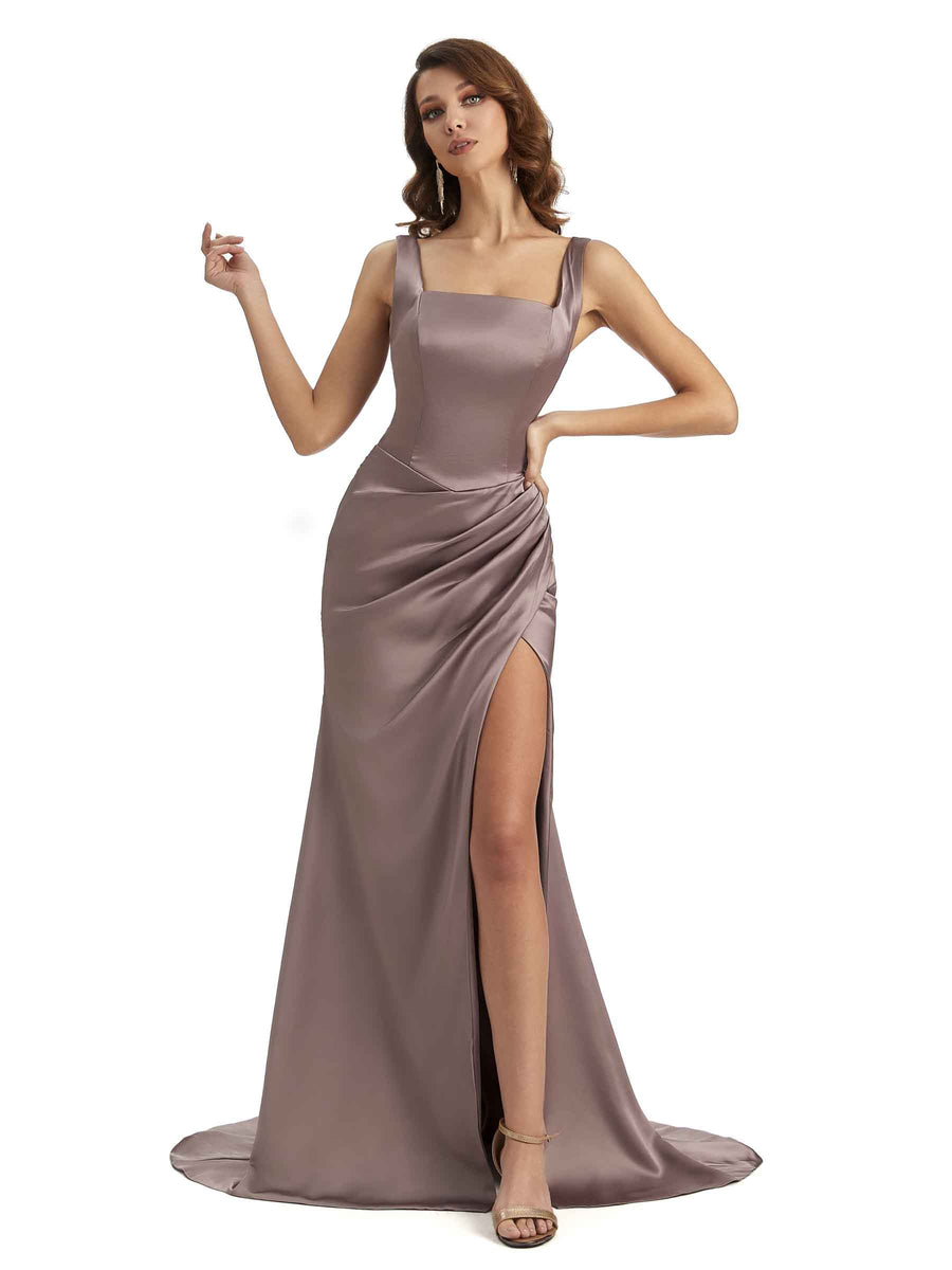 Elegant Square Straps Mermaid Unique Satin Long Maxi Bridesmaid Dress For Wedding