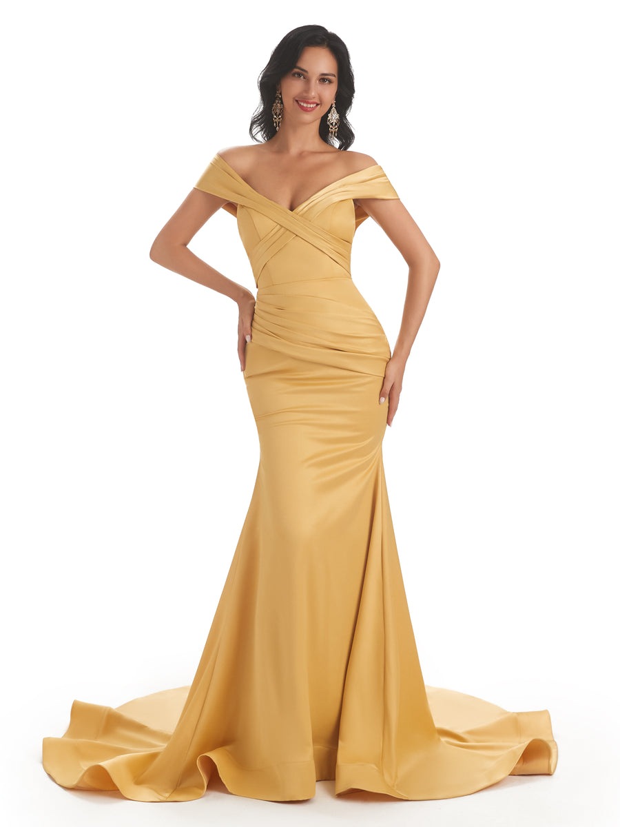 Elegant Off Shoulder Soft Satin Mermaid Unique Long Bridesmaid Dresses